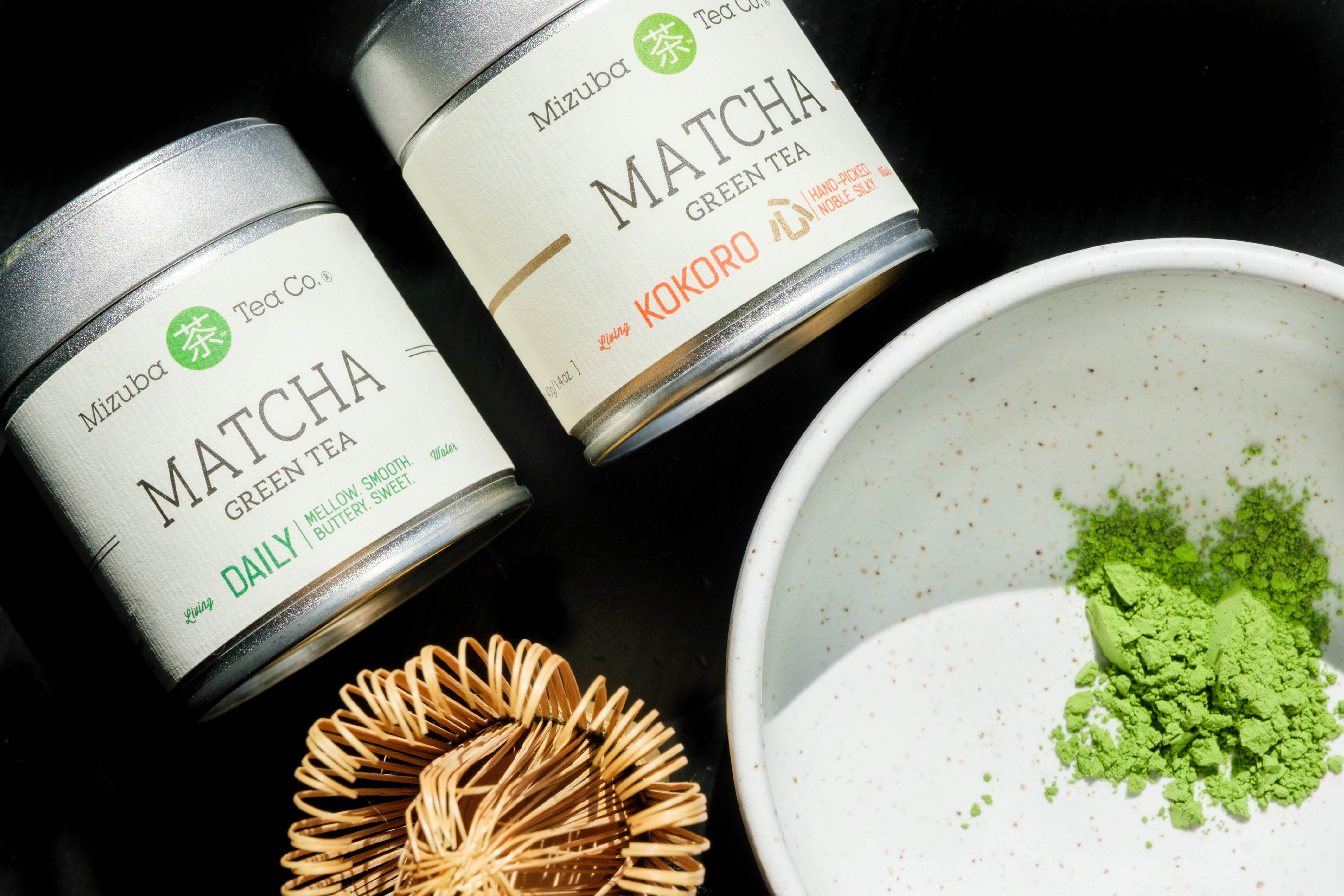 Mizuba Tea Co. Daily and Kokoro Matcha green tea tins from Uji, Japan. 