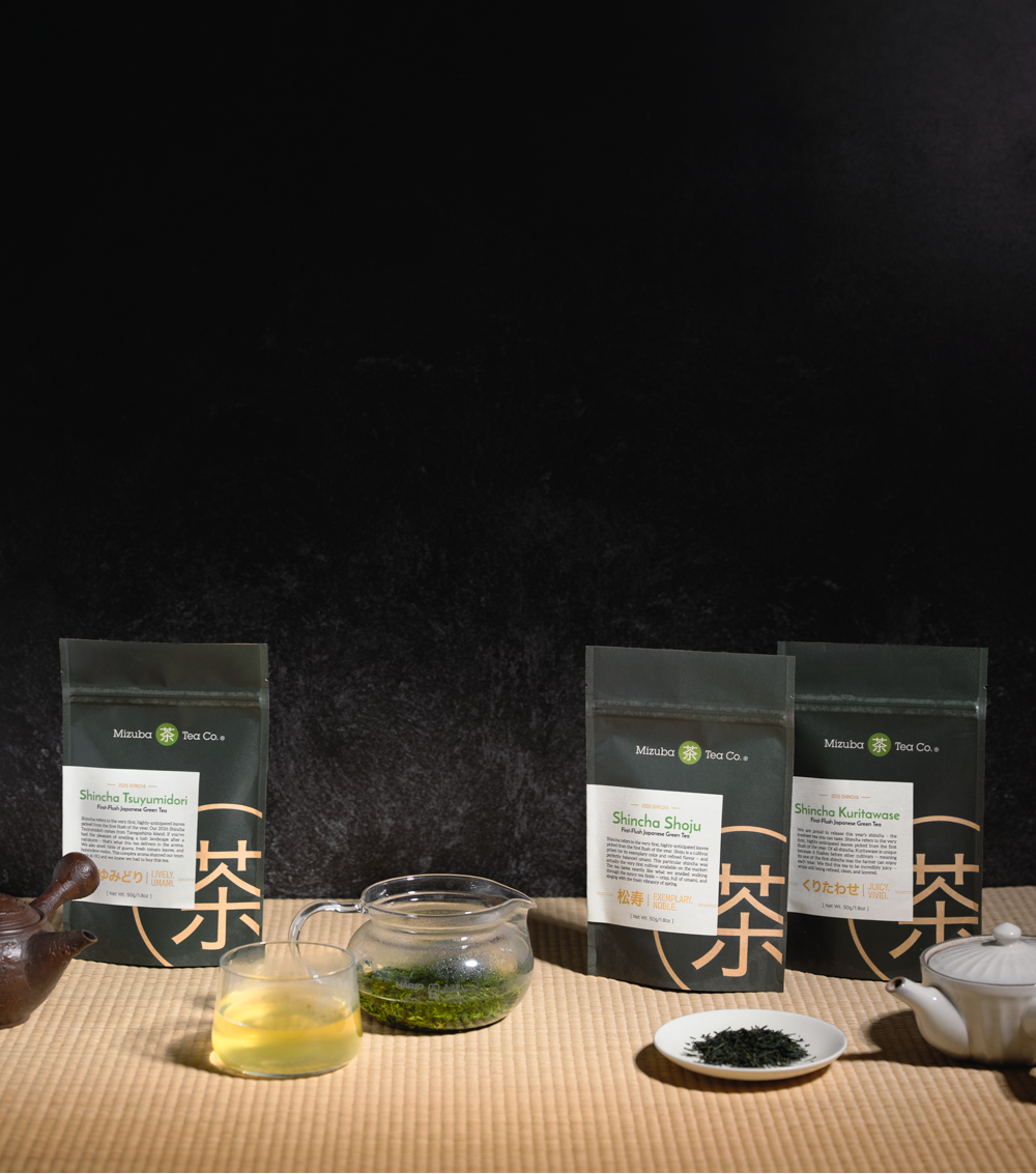 Lineup of Mizuba Tea's Shincha Loose Leaf Tea with tea tools