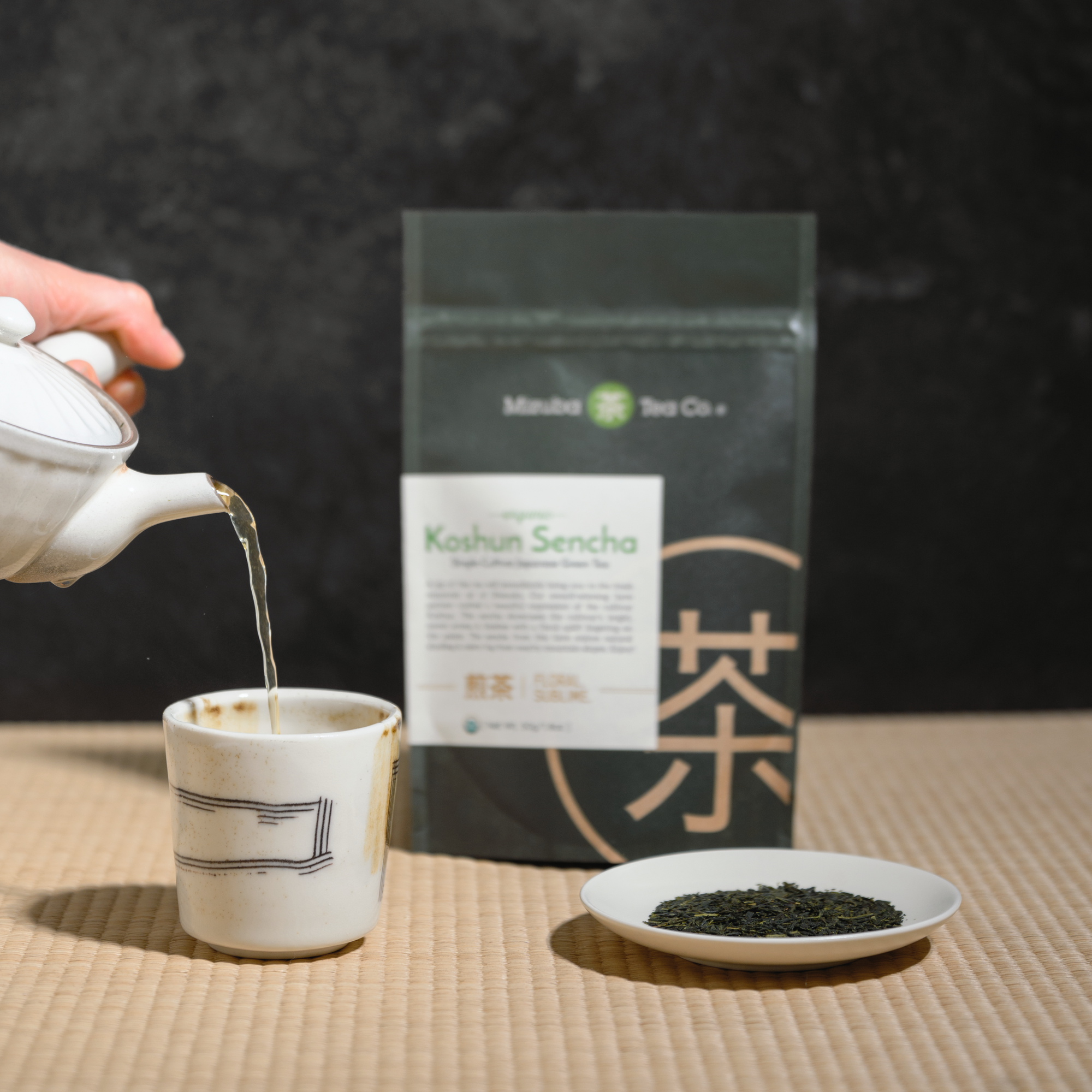 Organic Koshun Sencha with cups and teapot
