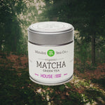 House Organic Tea Tin superimposed on a forest walk video